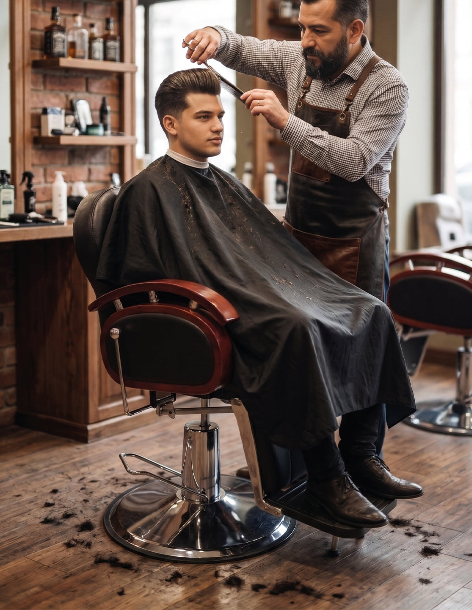 Sillón de Barbería Turín Hidráulico y Reclinable de Vinipiel con Base Antiderrapante y Acabados Tipo Madera