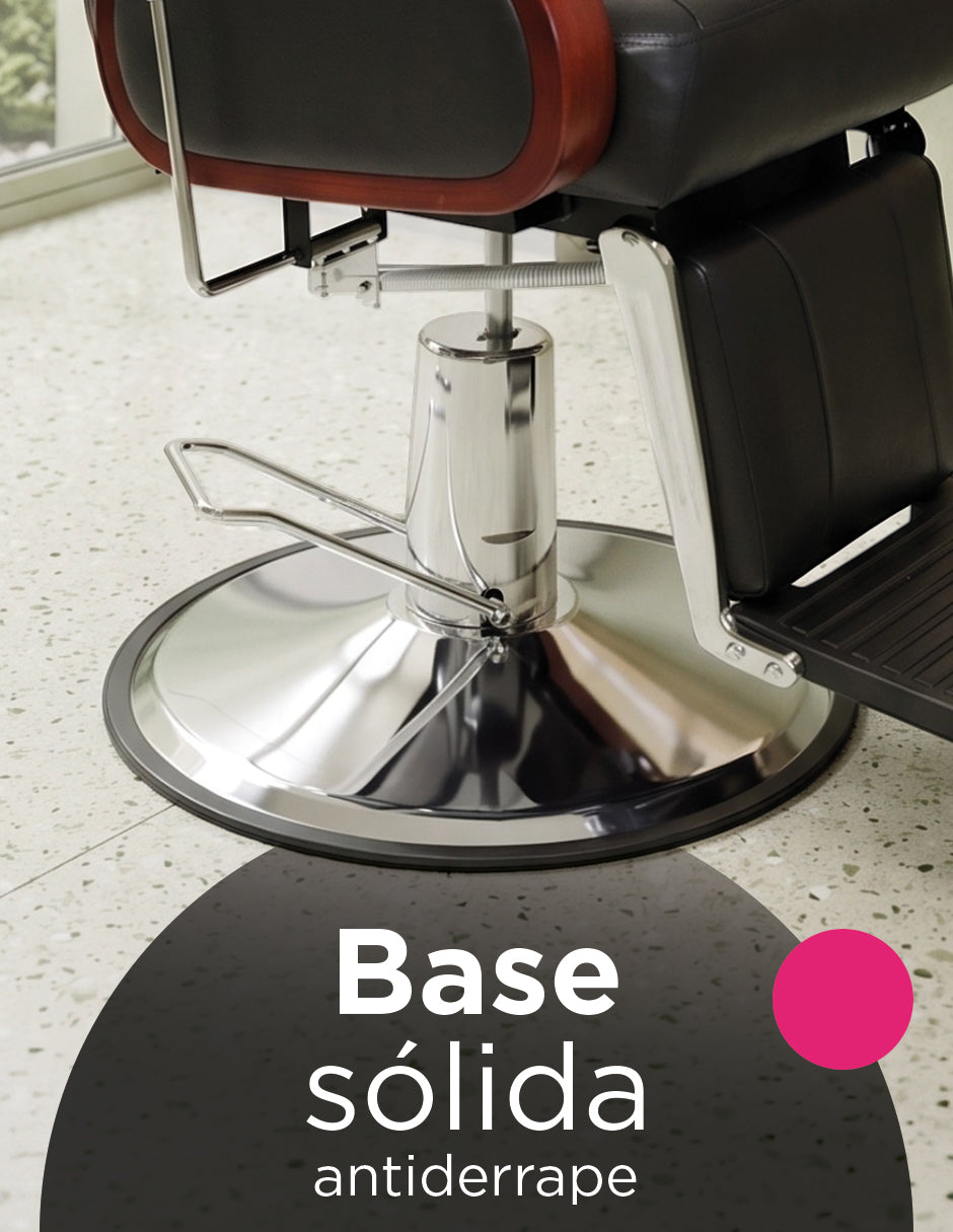 Sillón de Barbería Turín Hidráulico y Reclinable de Vinipiel con Base Antiderrapante y Acabados Tipo Madera