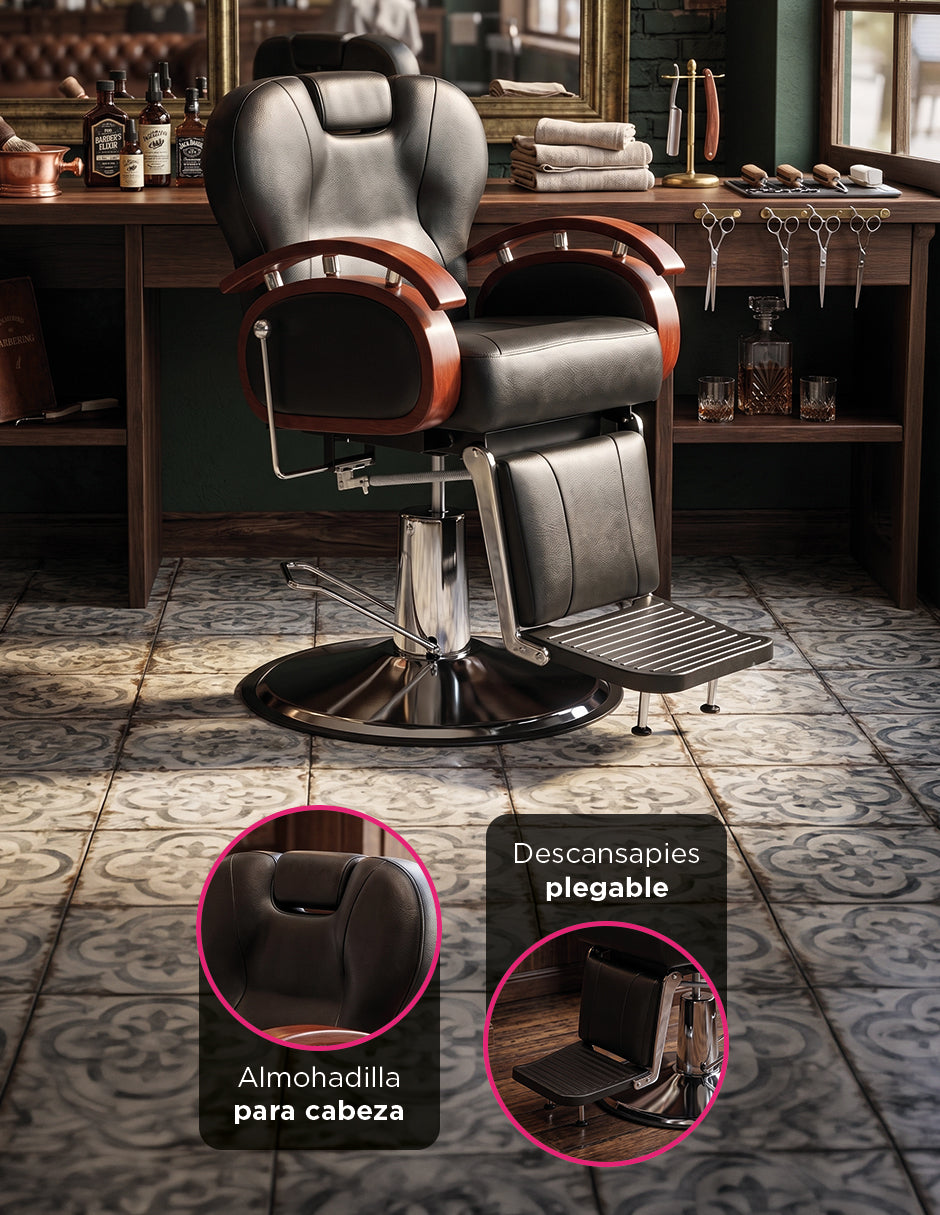 Sillón de Barbería Turín Hidráulico y Reclinable de Vinipiel con Base Antiderrapante y Acabados Tipo Madera