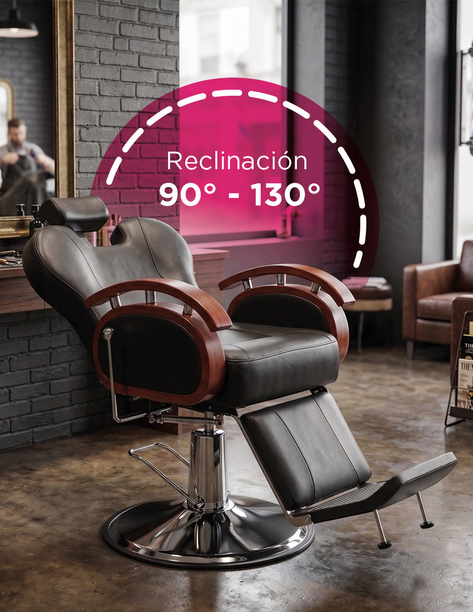 Sillón de Barbería Turín Hidráulico y Reclinable de Vinipiel con Base Antiderrapante y Acabados Tipo Madera