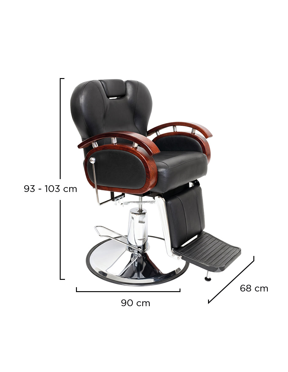 Sillón de Barbería Turín Hidráulico y Reclinable de Vinipiel con Base Antiderrapante y Acabados Tipo Madera