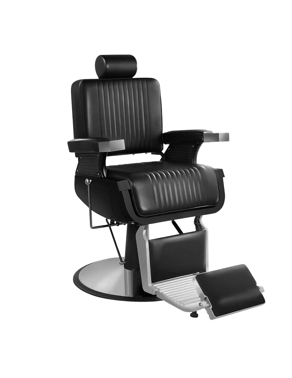 Sillón de Barbería Milán Negro Reclinable con Bomba Hidráulica, Cabezal Ajustable y Base Cromada