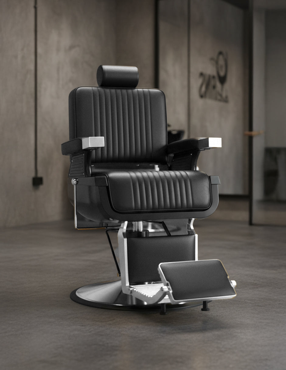 Sillón de Barbería Milán Negro Reclinable con Bomba Hidráulica, Cabezal Ajustable y Base Cromada