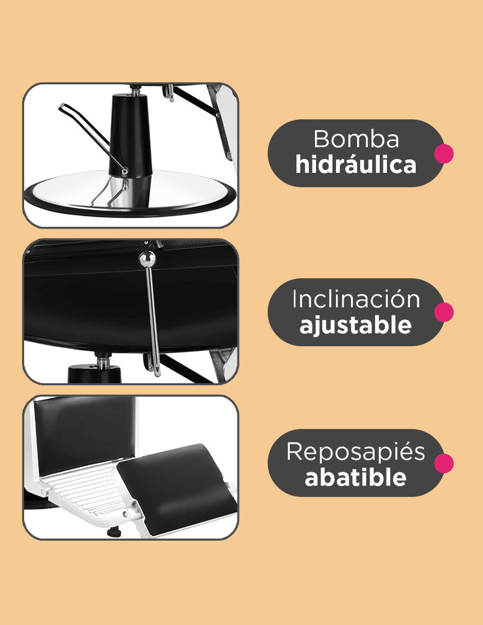Sillón de Barbería Milán Negro Reclinable con Bomba Hidráulica, Cabezal Ajustable y Base Cromada