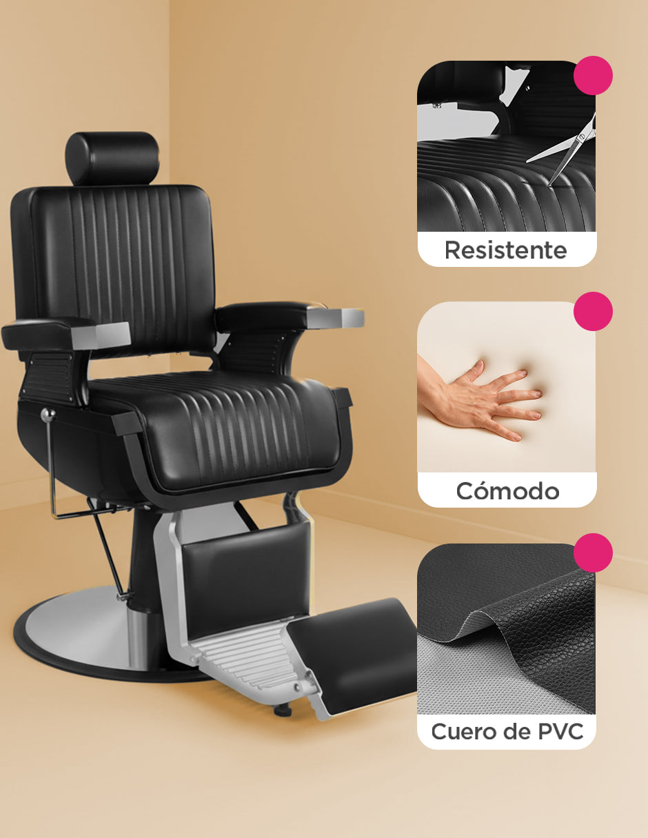 Sillón de Barbería Milán Negro Reclinable con Bomba Hidráulica, Cabezal Ajustable y Base Cromada