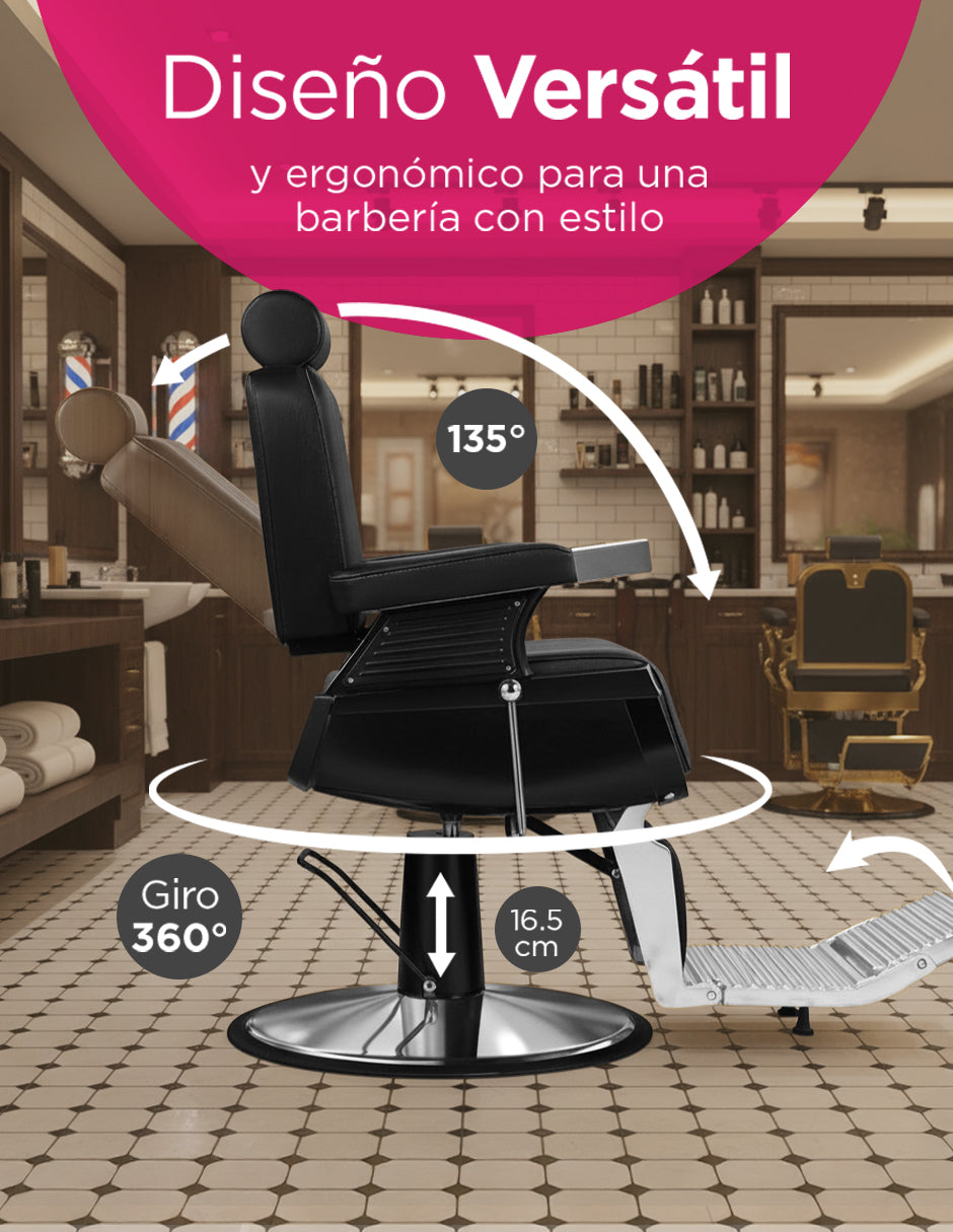 Sillón de Barbería Milán Negro Reclinable con Bomba Hidráulica, Cabezal Ajustable y Base Cromada