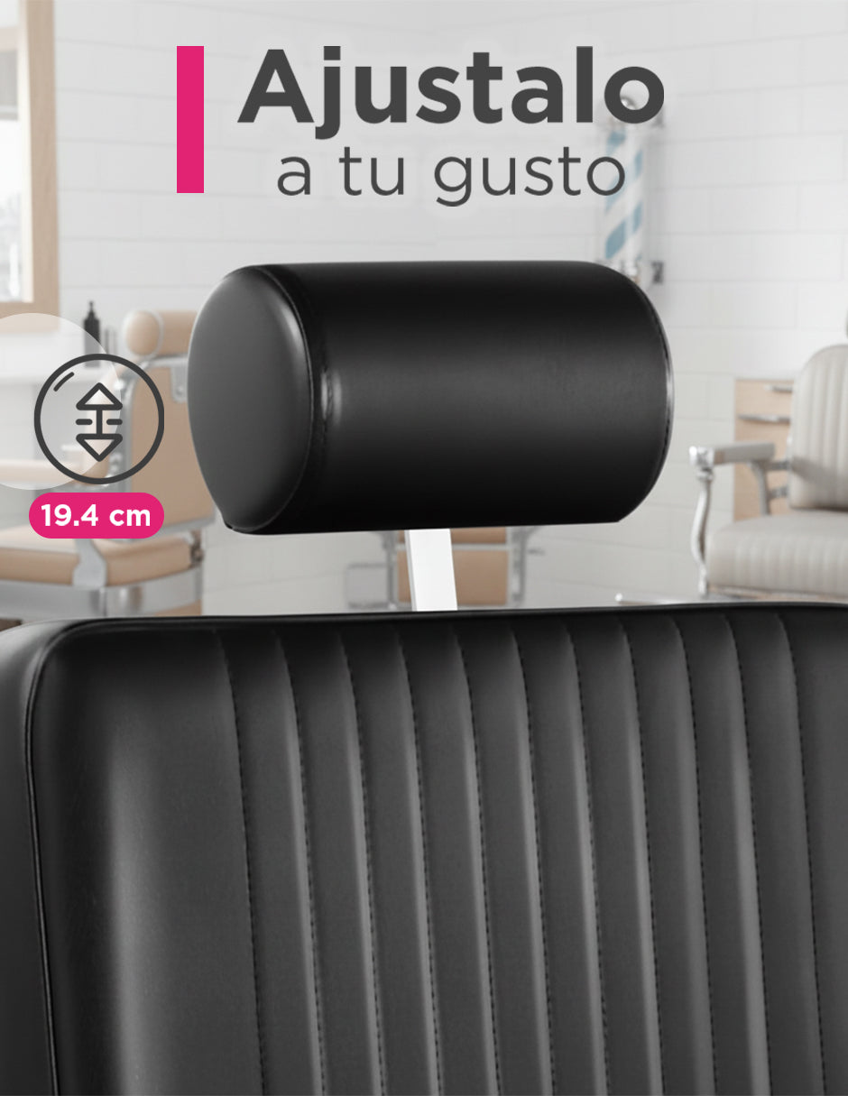 Sillón de Barbería Milán Negro Reclinable con Bomba Hidráulica, Cabezal Ajustable y Base Cromada