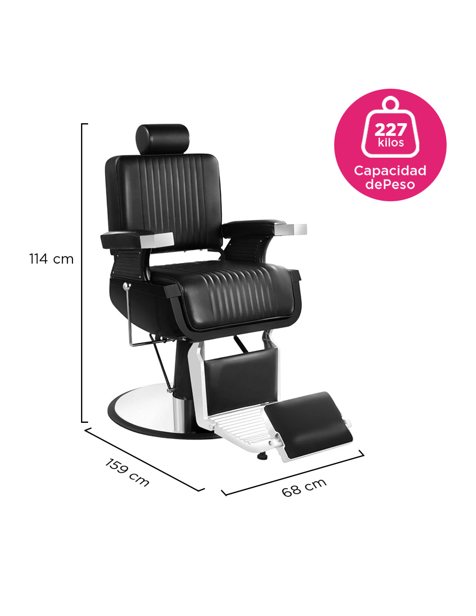 Sillón de Barbería Milán Negro Reclinable con Bomba Hidráulica, Cabezal Ajustable y Base Cromada