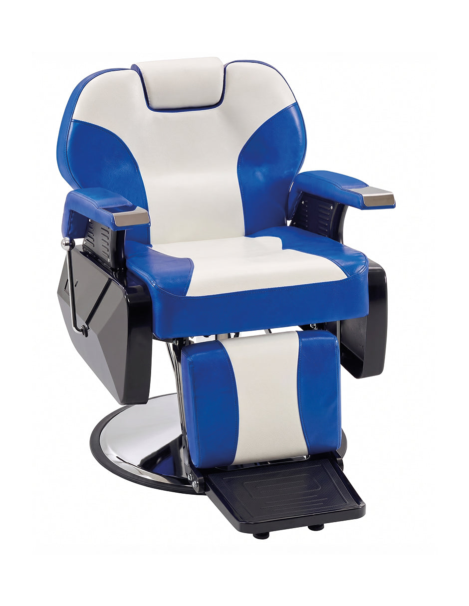 Sillón de Barbería Profesional Roma Bicolor Azul y Blanco Reclinable 135° con Bomba Hidráulica y Giro 360°