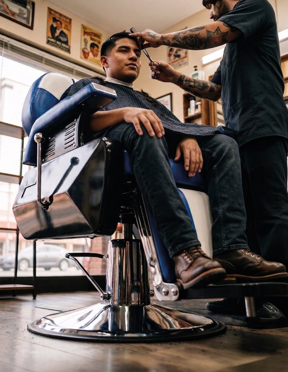 Sillón de Barbería Profesional Roma Bicolor Azul y Blanco Reclinable 135° con Bomba Hidráulica y Giro 360°