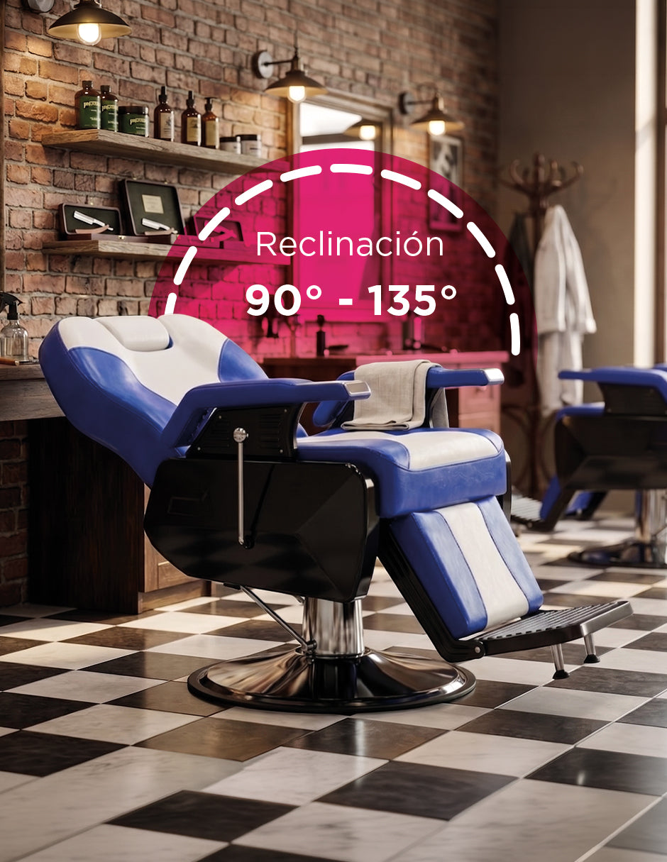 Sillón de Barbería Profesional Roma Bicolor Azul y Blanco Reclinable 135° con Bomba Hidráulica y Giro 360°