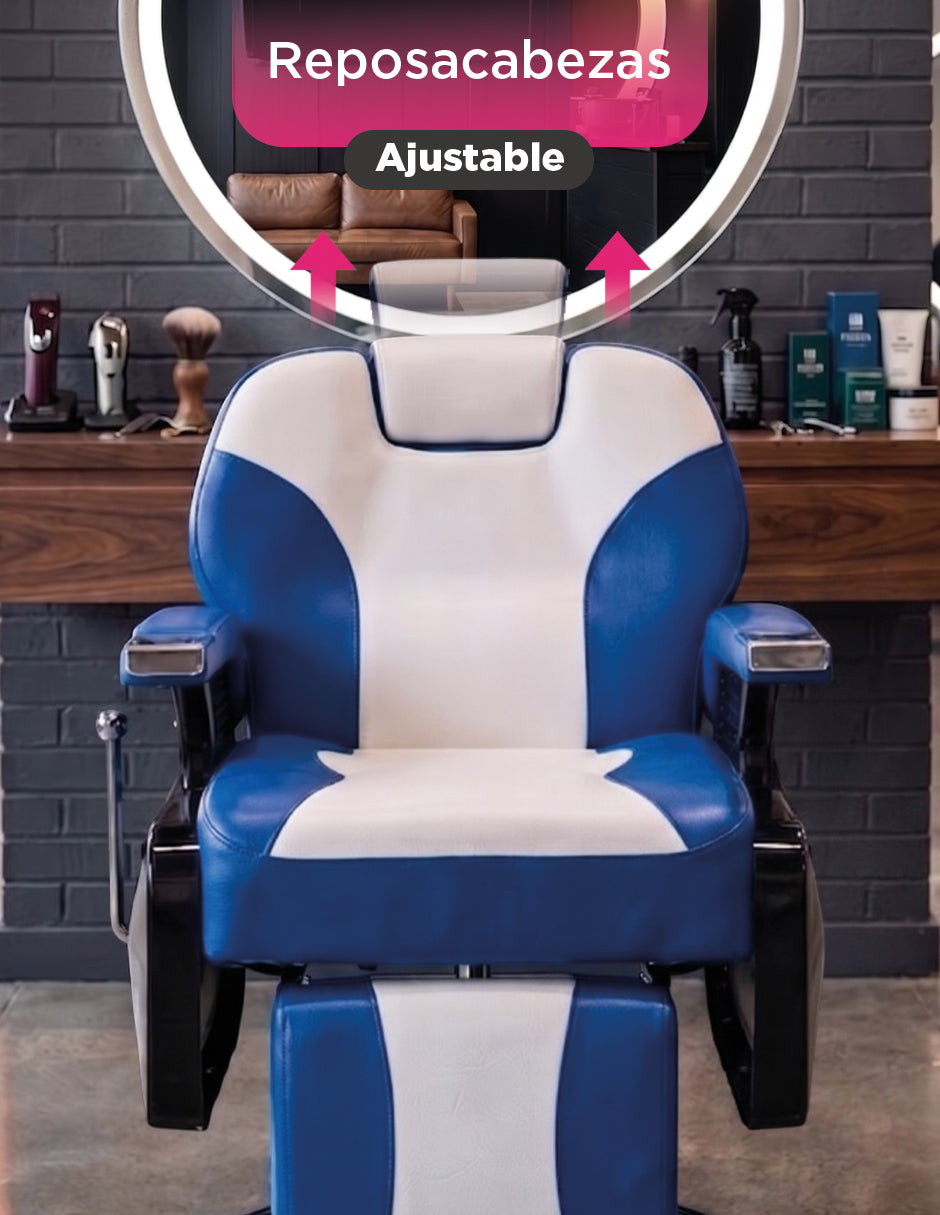 Sillón de Barbería Profesional Roma Bicolor Azul y Blanco Reclinable 135° con Bomba Hidráulica y Giro 360°