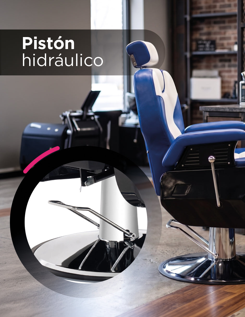 Sillón de Barbería Profesional Roma Bicolor Azul y Blanco Reclinable 135° con Bomba Hidráulica y Giro 360°