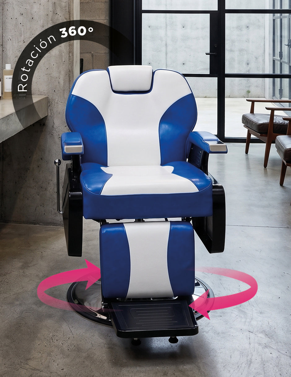 Sillón de Barbería Profesional Roma Bicolor Azul y Blanco Reclinable 135° con Bomba Hidráulica y Giro 360°