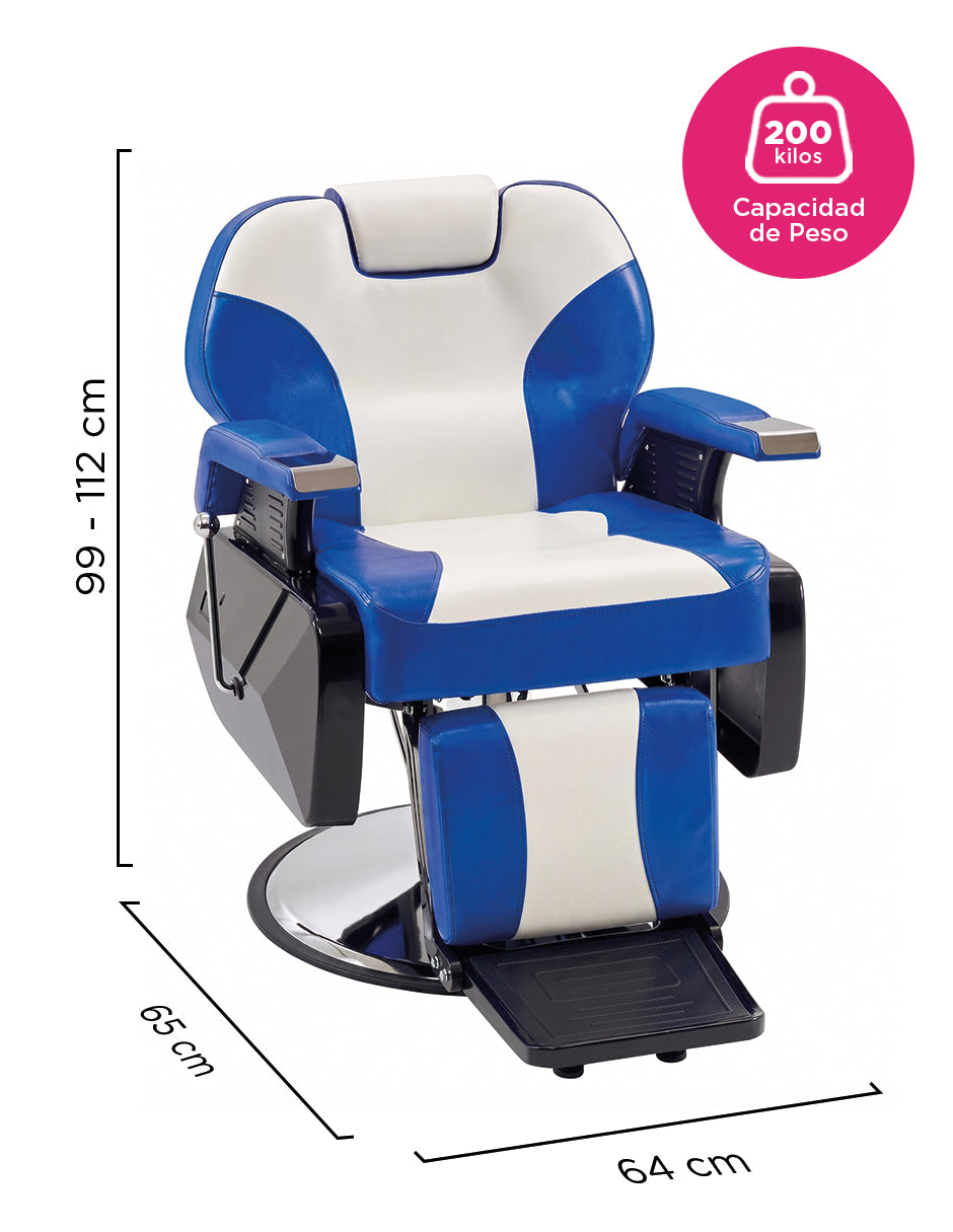 Sillón de Barbería Profesional Roma Bicolor Azul y Blanco Reclinable 135° con Bomba Hidráulica y Giro 360°