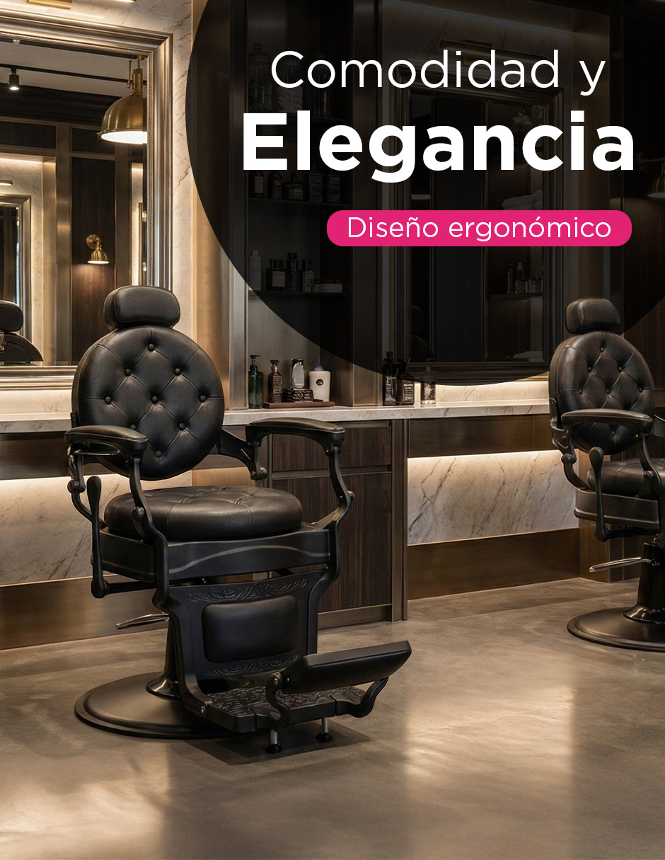 Sillón de Barbería Bérgamo Negro: Elegancia Clásica y Resistencia Incomparable
