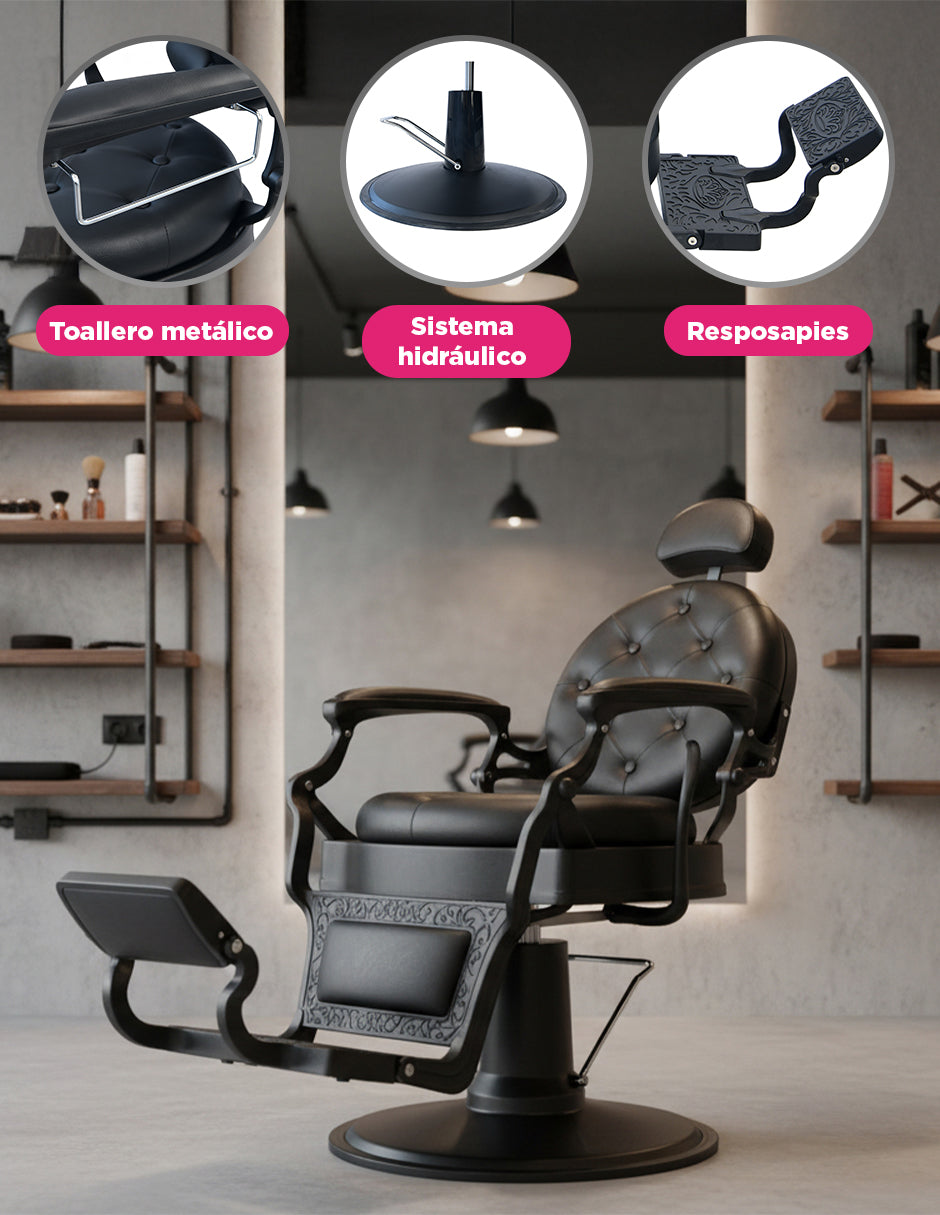 Sillón de Barbería Bérgamo Negro: Elegancia Clásica y Resistencia Incomparable