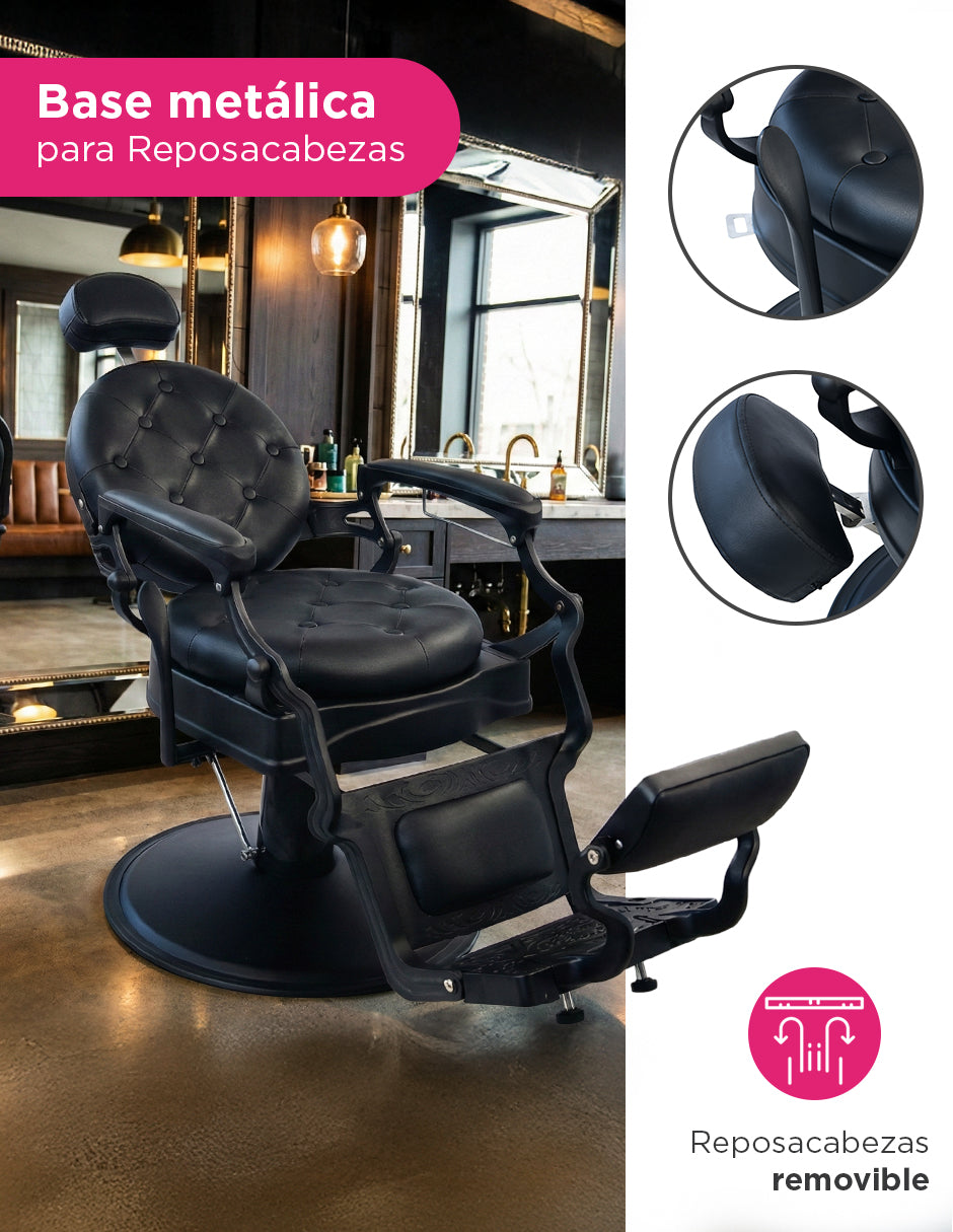 Sillón de Barbería Bérgamo Negro: Elegancia Clásica y Resistencia Incomparable