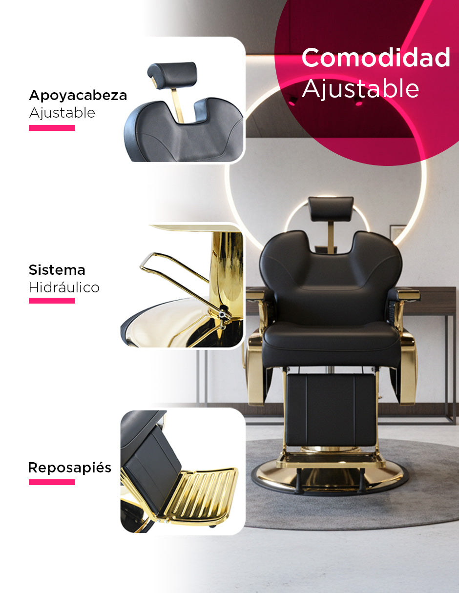 Sillón de Barbería Arezzo Premium con Detalles Dorados