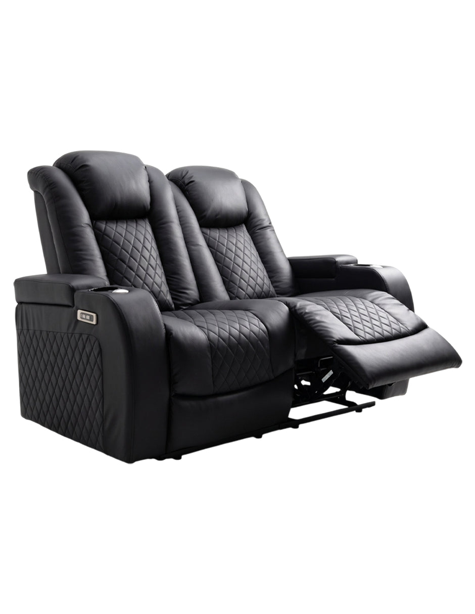 Sofá Reclinable Eléctrico 2 Plazas Cuero Sintético Negro USB Portavasos Lyon Negro