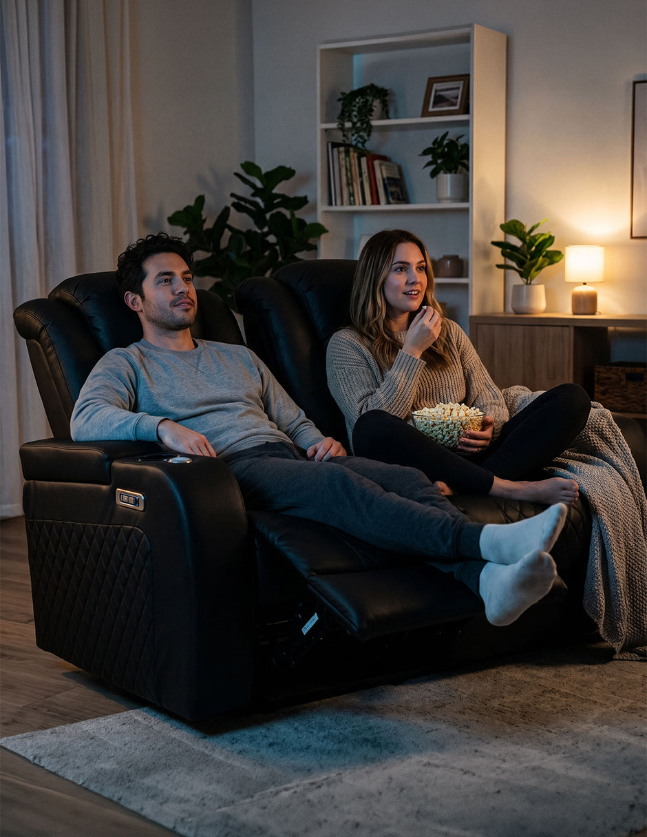 Sofá Reclinable Eléctrico 2 Plazas Cuero Sintético Negro USB Portavasos Lyon Negro