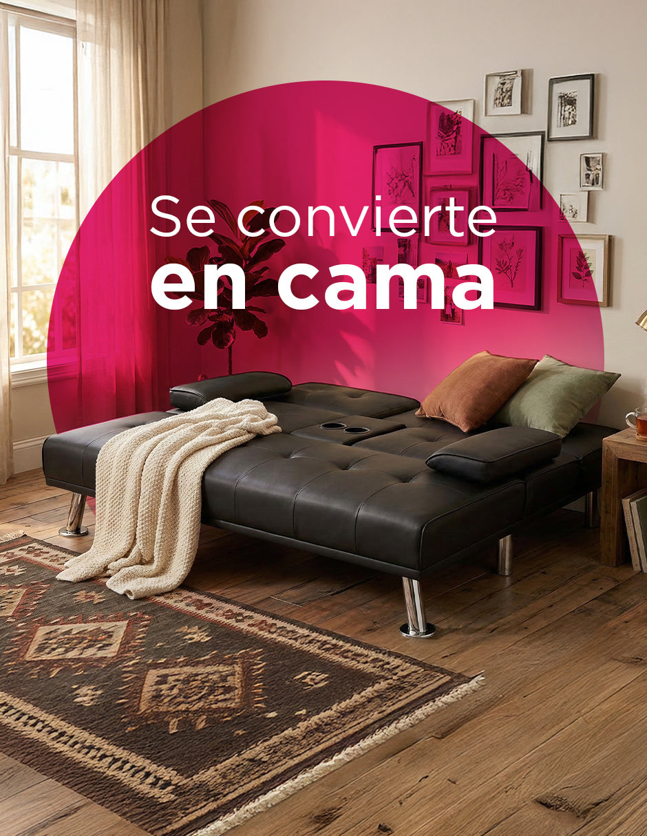 Sofá Cama Reclinable Minimalista Jena de 2 Cuerpos con Portavasos Integrados y Patas Cromadas Negro