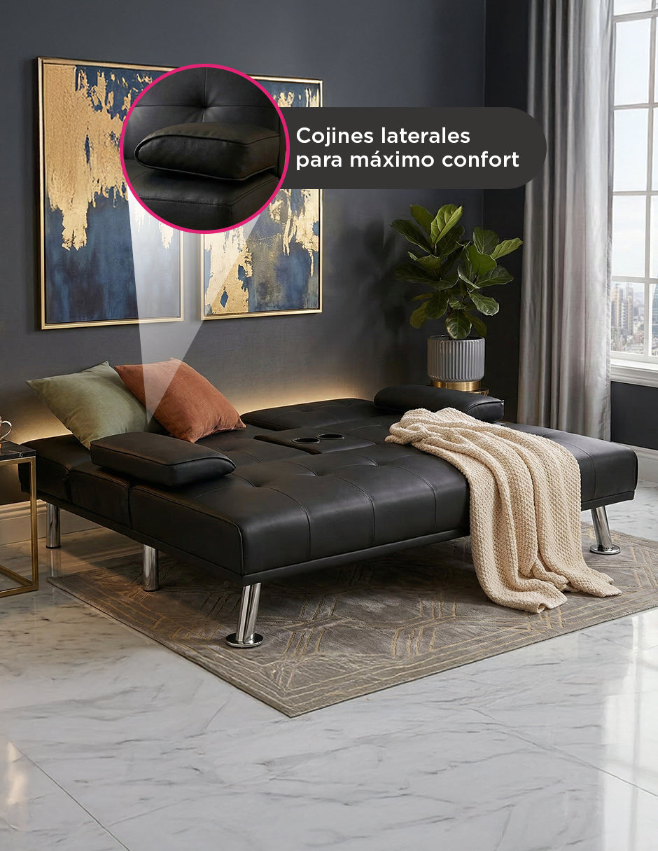 Sofá Cama Reclinable Minimalista Jena de 2 Cuerpos con Portavasos Integrados y Patas Cromadas Negro