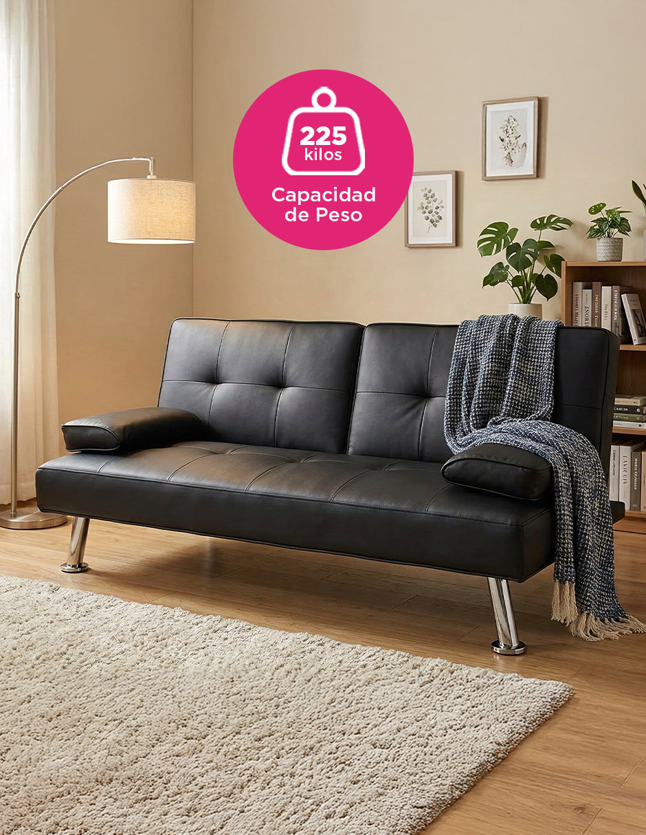 Sofá Cama Reclinable Minimalista Jena de 2 Cuerpos con Portavasos Integrados y Patas Cromadas Negro