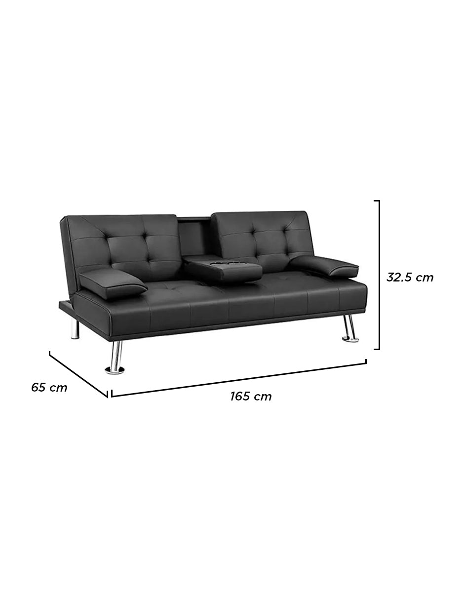 Sofá Cama Reclinable Minimalista Jena de 2 Cuerpos con Portavasos Integrados y Patas Cromadas Negro