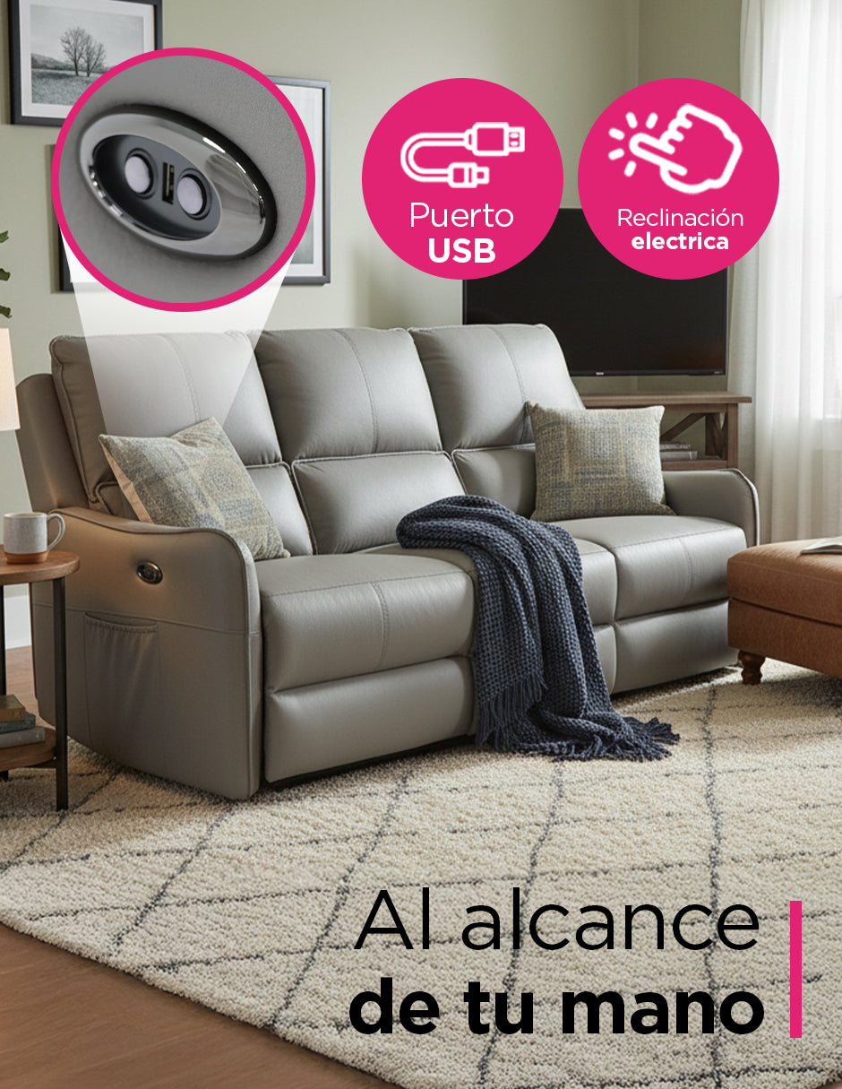 Sofá Reclinable Eléctrico de 3 Plazas Niza Vanlig - Sillón Reposet de Piel Regenerada
