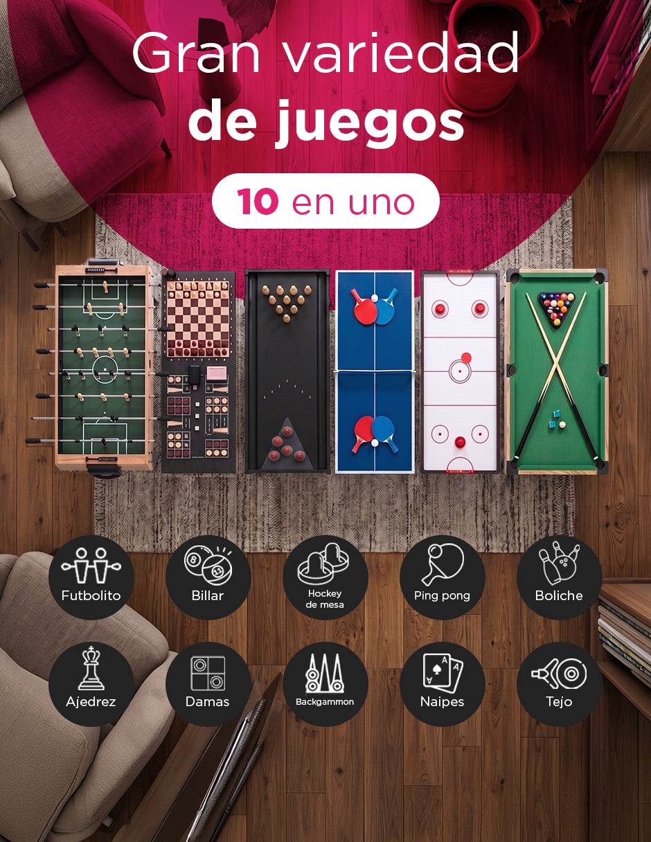 Título Completo Mesa Multijuegos 10 en 1 Aswan Vanlig Café 122 x 61cm con Accesorios