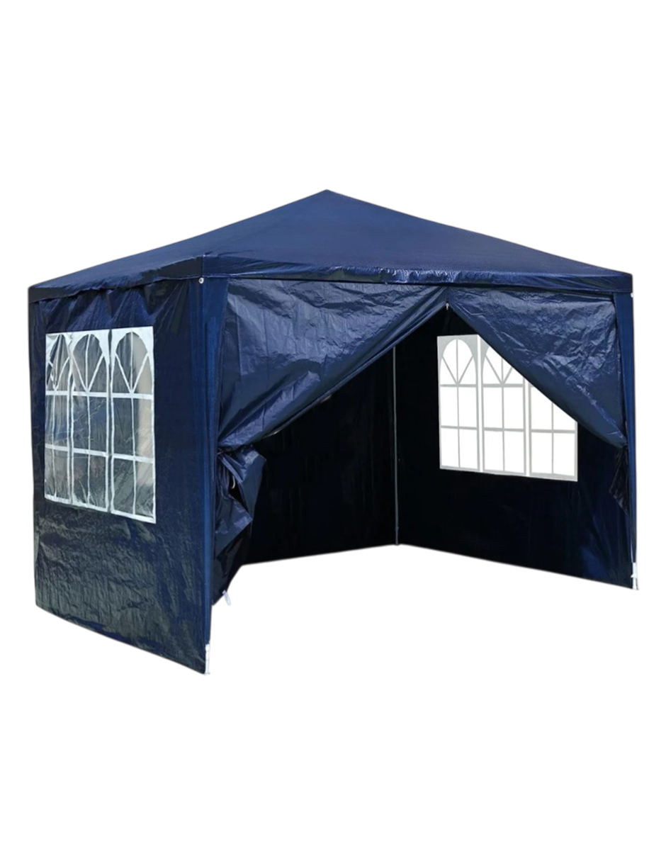 Toldo Armable 3x3m Azul con 3 Paredes Desmontables, Ventanillas Estilo Arqueado y Estructura de Acero