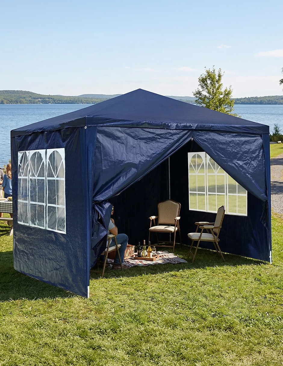 Toldo Armable 3x3m Azul con 3 Paredes Desmontables, Ventanillas Estilo Arqueado y Estructura de Acero