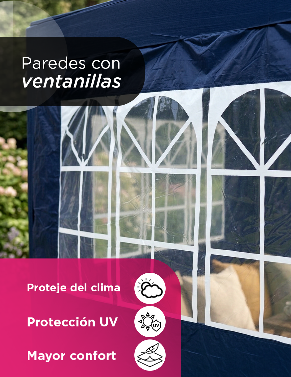 Toldo Armable 3x3m Azul con 3 Paredes Desmontables, Ventanillas Estilo Arqueado y Estructura de Acero