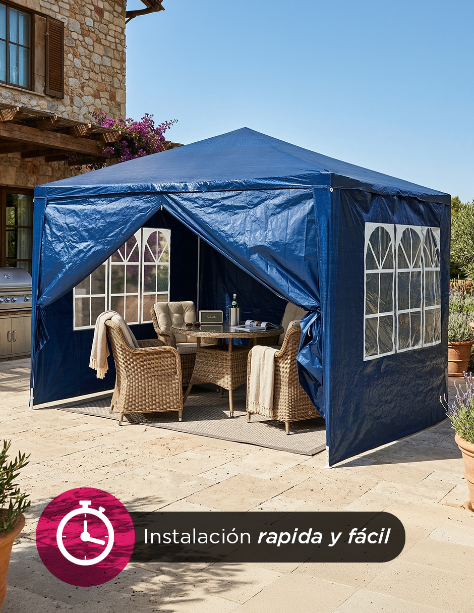 Toldo Armable 3x3m Azul con 3 Paredes Desmontables, Ventanillas Estilo Arqueado y Estructura de Acero
