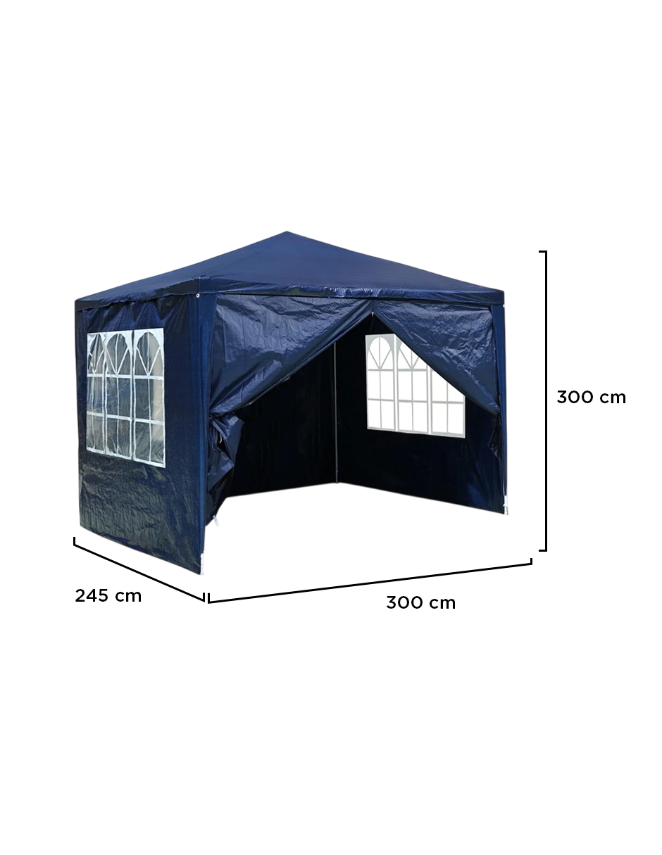 Toldo Armable 3x3m Azul con 3 Paredes Desmontables, Ventanillas Estilo Arqueado y Estructura de Acero