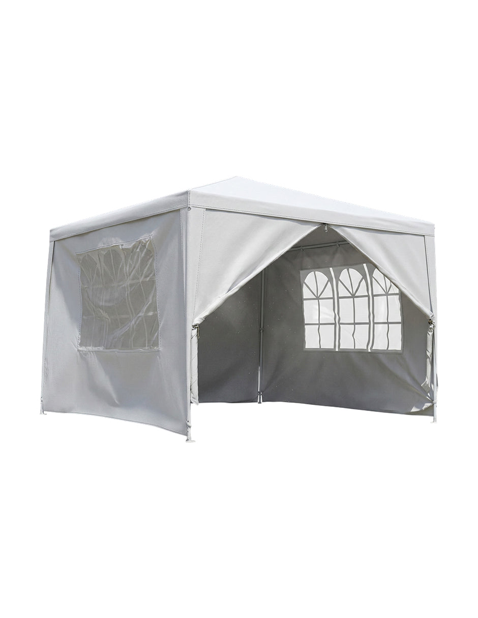 Toldo Armable 3x3m Blanco con 3 Paredes Desmontables, Ventanillas Estilo Arqueado y Estructura de Acero