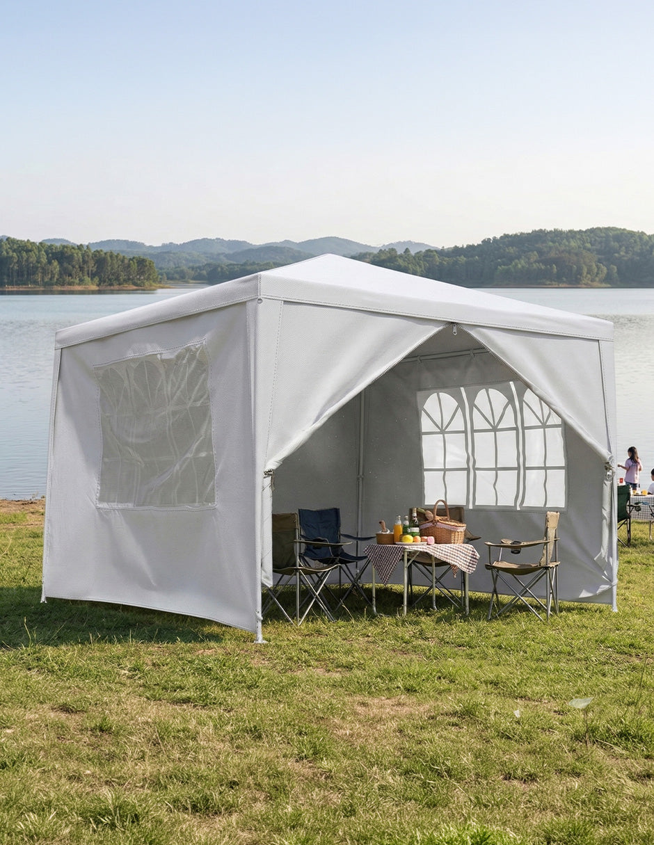 Toldo Armable 3x3m Blanco con 3 Paredes Desmontables, Ventanillas Estilo Arqueado y Estructura de Acero