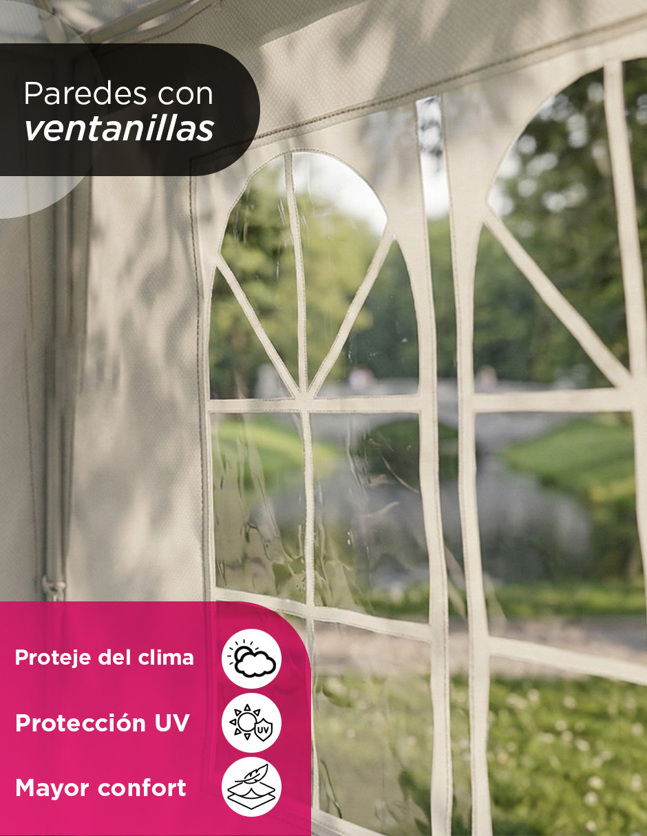 Toldo Armable 3x3m Blanco con 3 Paredes Desmontables, Ventanillas Estilo Arqueado y Estructura de Acero