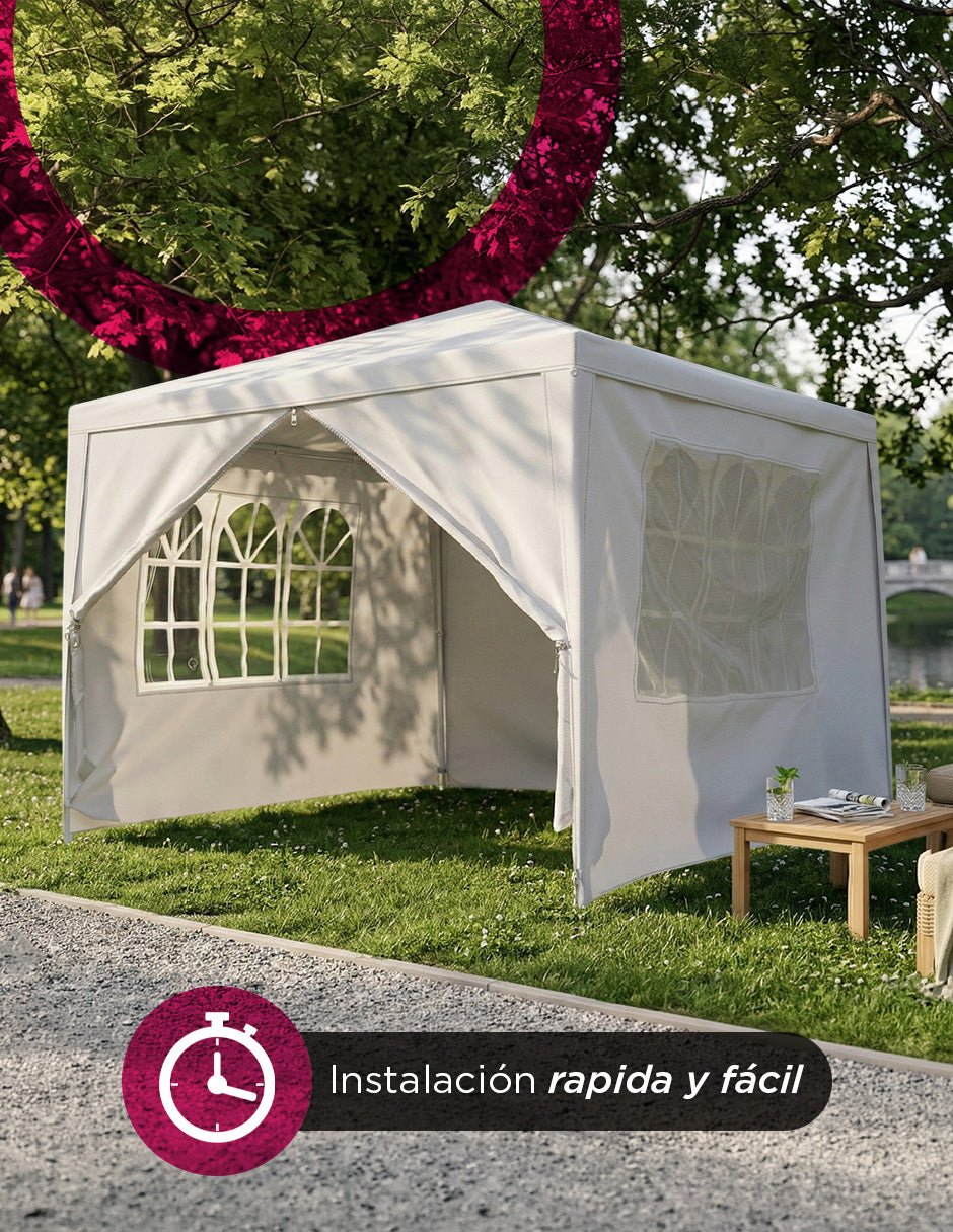 Toldo Armable 3x3m Blanco con 3 Paredes Desmontables, Ventanillas Estilo Arqueado y Estructura de Acero