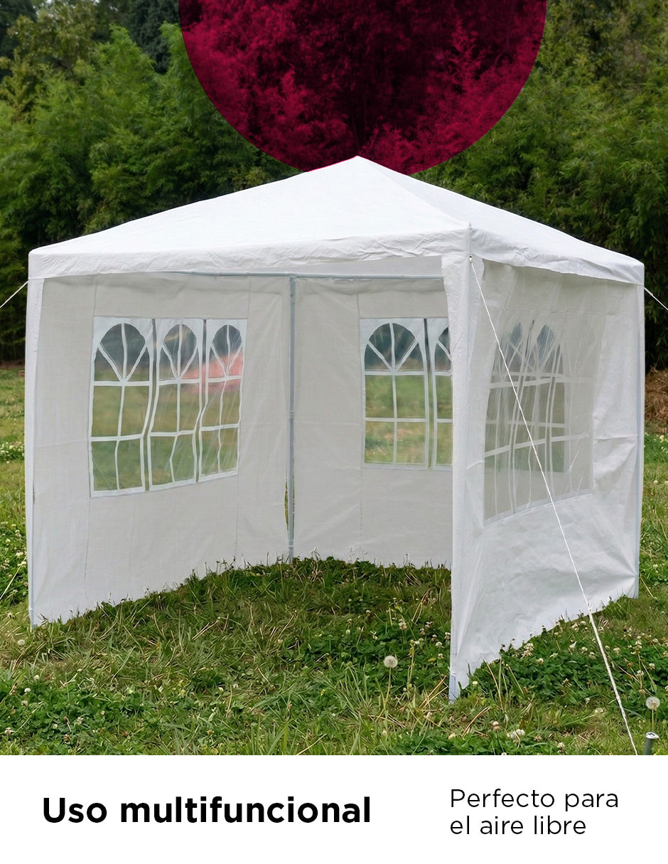 Toldo Armable 3x3m Blanco con 3 Paredes Desmontables, Ventanillas Estilo Arqueado y Estructura de Acero
