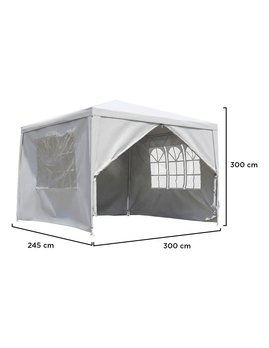 Toldo Armable 3x3m Blanco con 3 Paredes Desmontables, Ventanillas Estilo Arqueado y Estructura de Acero