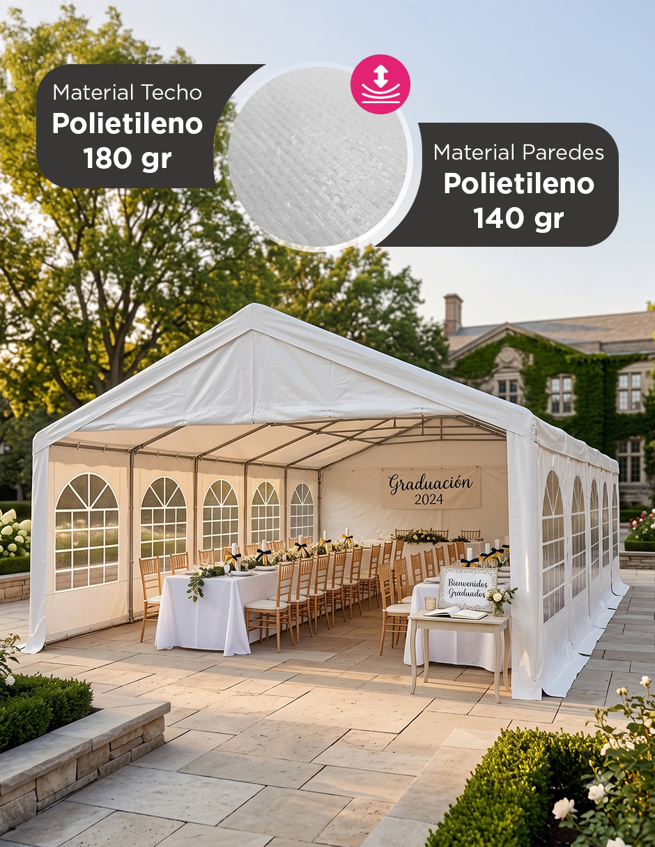 Toldo Carpa Armable Kansas Blanco 6 x 12 m de Eventos con Paredes y Ventanas Panorámicas