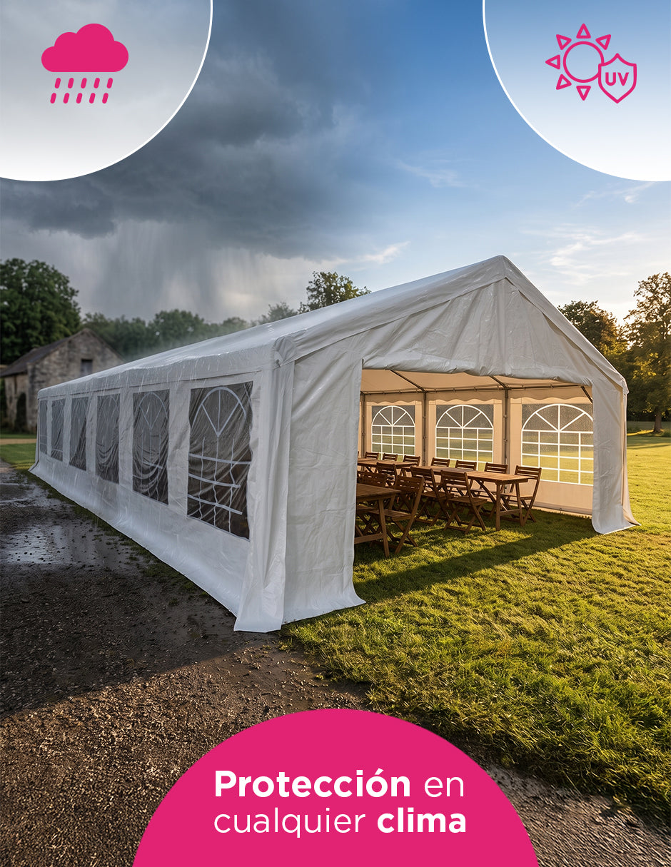 Toldo Carpa Armable Kansas Blanco 6 x 12 m de Eventos con Paredes y Ventanas Panorámicas