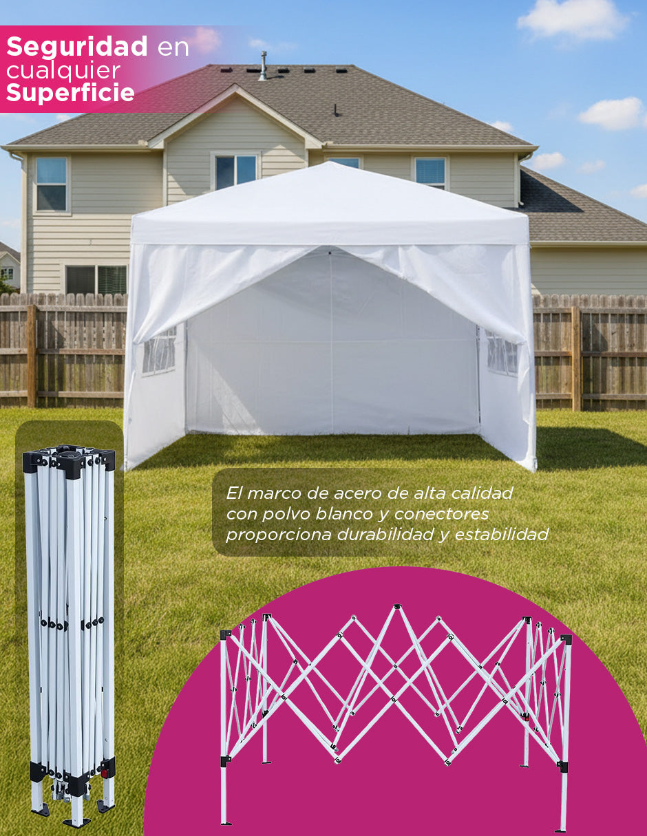Toldo Carpa Plegable 3x3 Blanco Reforzado Impermeable Con Paredes
