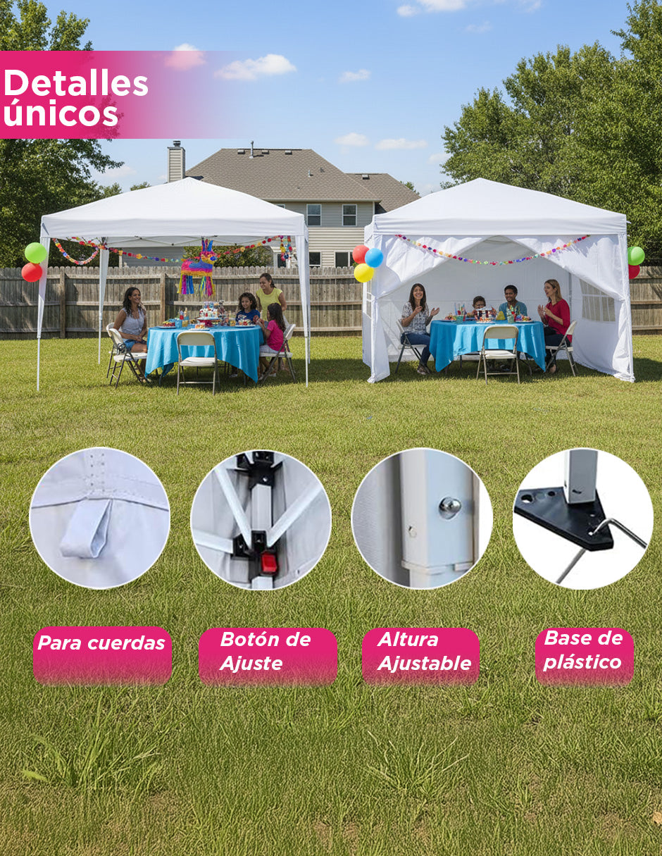 Toldo Carpa Plegable 3x3 Blanco Reforzado Impermeable Con Paredes
