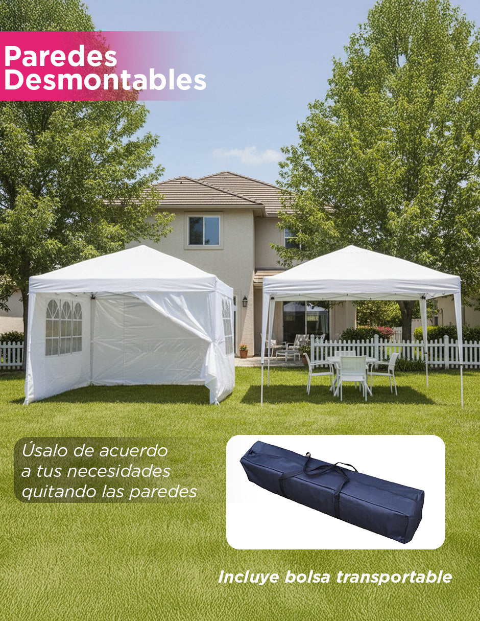 Toldo Carpa Plegable 3x3 Blanco Reforzado Impermeable Con Paredes