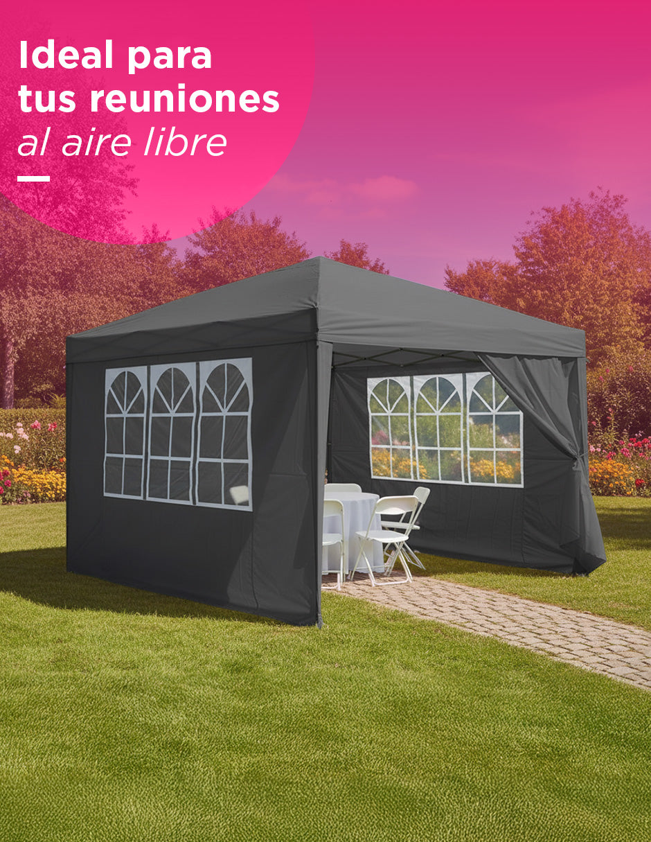 Toldo Carpa Plegable 3x3 Gris Reforzado Impermeable Con Paredes