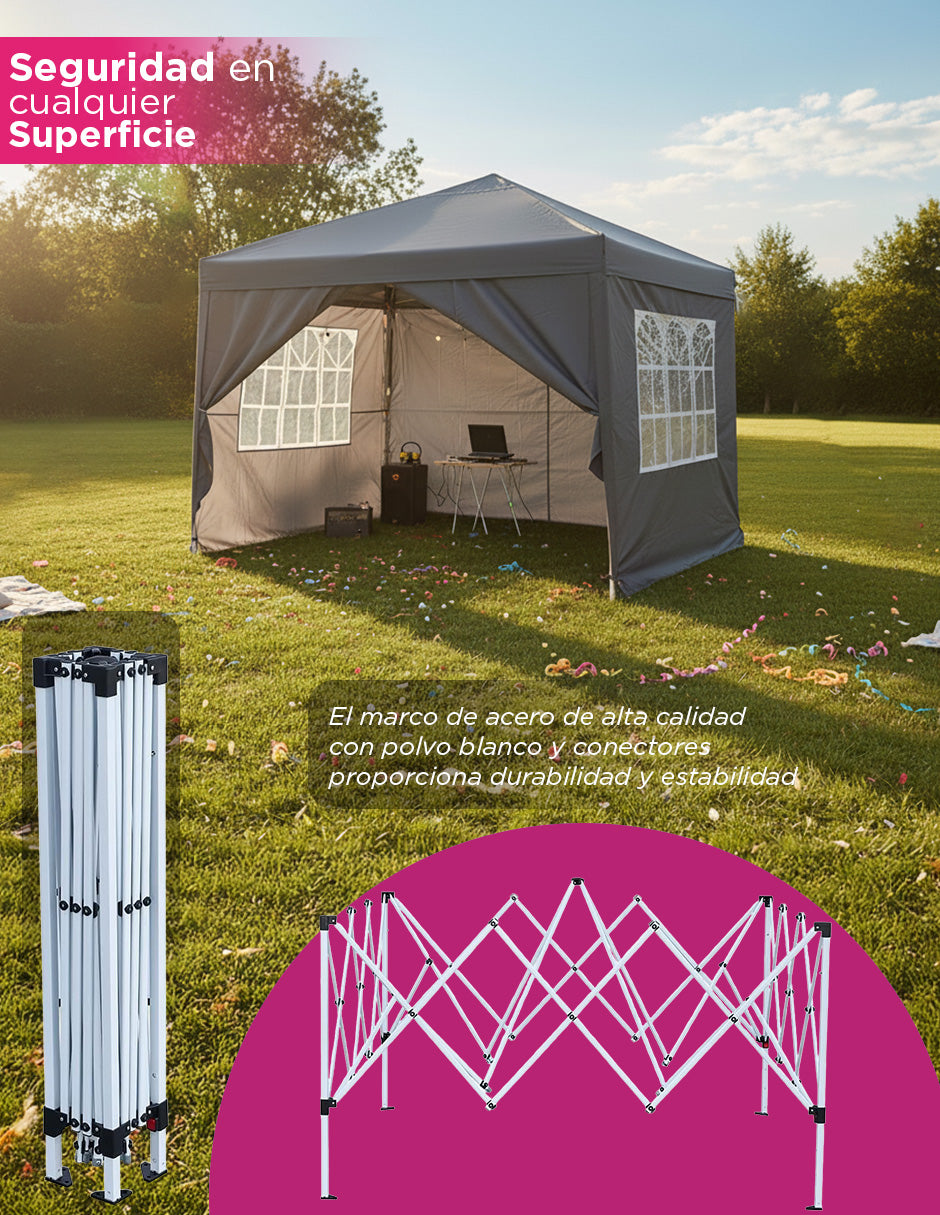 Toldo Carpa Plegable 3x3 Gris Reforzado Impermeable Con Paredes
