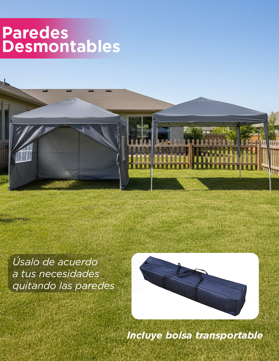 Toldo Carpa Plegable 3x3 Gris Reforzado Impermeable Con Paredes